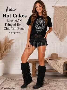New Hot Cakes Black 6.5M Fringed Boho Chic Tall Boots